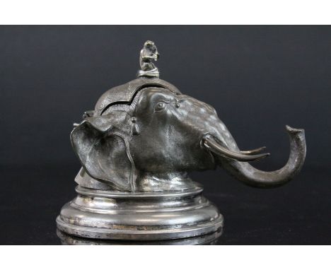 19th century Silver Plated Inkwell in the form of an Indian elephant with monkey sat on his head playing flute, 14cms high