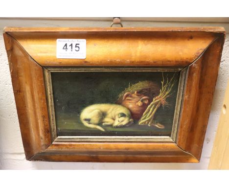 Oil on panel study of a sleeping terrier in maple frame 