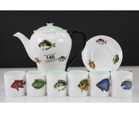 Shelley Bone China Fish Patterned Coffee Set marked to bottom ' Rowland Ward Nairobi Kenya ' comprising Coffee Pot and Six Co