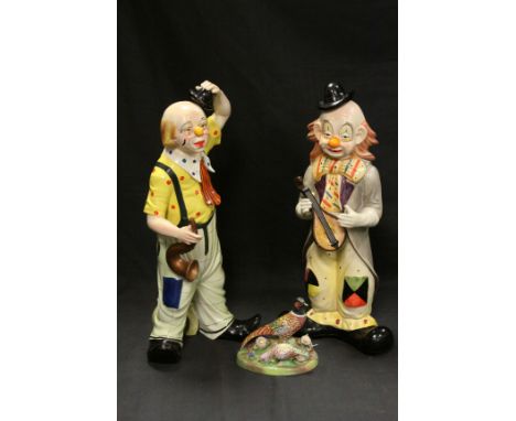 Two ceramic clown figures &amp; a Crown Staffordshire J T Jones pheasant group