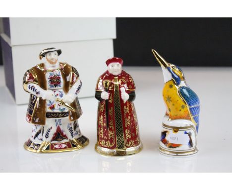 Three Boxed Royal Worcester Porcelain Candle Snuffers including Henry VIII, Cardinal Wolsey (limited edition) and Kingfisher