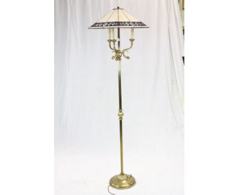 Brass Standard Lamp, the Three Branches formed with Stylised Fish together with a Tiffany Style Shade, approx. 180cms high 