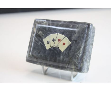 Early 20th century Mottled Blue Bakelite Playing Card Box with ivorine playing cards set of lid