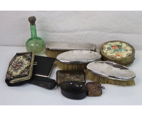 A box of mixed collectables to include hallmarked silver brushes, a vintage vesta case, Cigarette cases, paper mache snuff bo