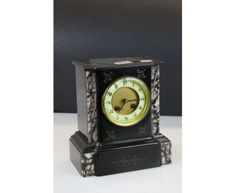Early 20th century slate two train mantle clock with marble supports