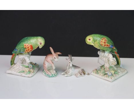 Pair of antique Continental ceramic parrots, a 19th century Staffordshire pottery hare &amp; a similar goat