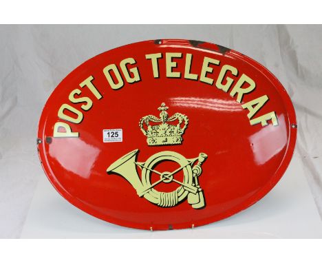 Advertising Sign - Vintage Red Enamel Oval Danish Advertising Sign ' Post Og Telegraf ' (post and telegraph), 53cms x 39cms