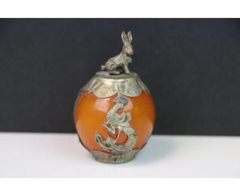 Tibetan silver hand carved rabbit zodiac statue with a yellow jade inlay 