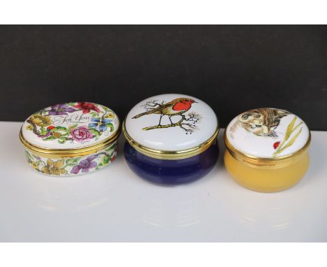Three Enamel Pill Boxes including Crummles, Halycon Days and Royal Duchy Cornish Enamels