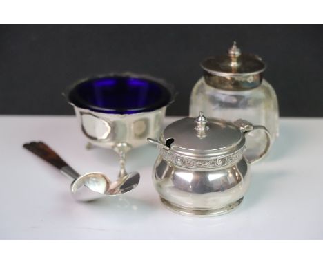 Silver Hallmarked Salt with Blue Glass Liner, Silver Mustard Pot, Glass Inkwell with Silver Lid together with a White Metal a