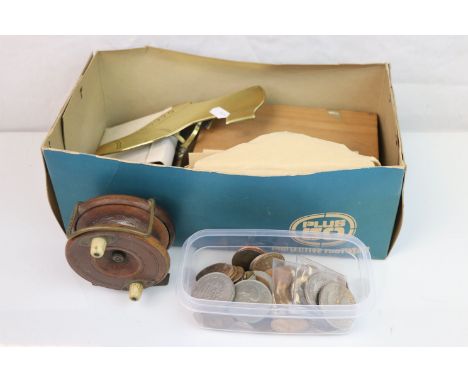 A box of mixed collectables to include a collection of coins to include three £5 coins, a selection of stamps, a vintage wood