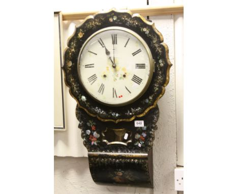 19th Century key wind Wooden wall Clock with Lacquered finish inset with Mother of Pearl &amp; hand painted Floral detailing,