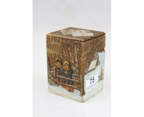 Folk Art - Wooden Double Playing Card Box with pokerwork and relief carved decoration, hand painted with a scene of figures i