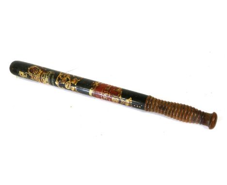A Victorian Ebonised Walnut Police Truncheon, the main body painted in colours and gilt with crowned VR cypher over CONSTABLE