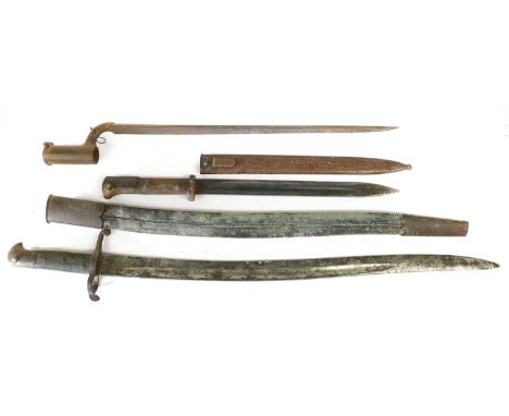 A British 1856 Pattern Sword Bayonet, no visible markings to the blade, the hilt with chequered black leather grip scales, wi