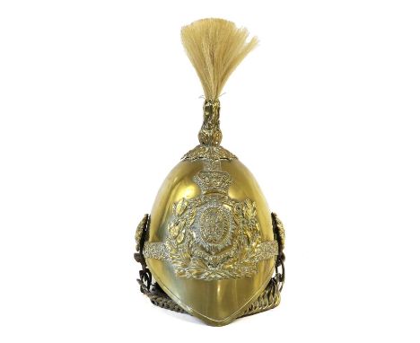 A Victorian OR's Brass Albert Pattern Helmet to the Suffolk Yeomanry, with two piece skull surmounted by a trimmed white hors