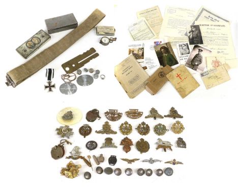 A Quantity of Militaria, including fourteen cap badges to RAF, Lancashire Fusiliers, Royal Artillery, Highland Light Infantry