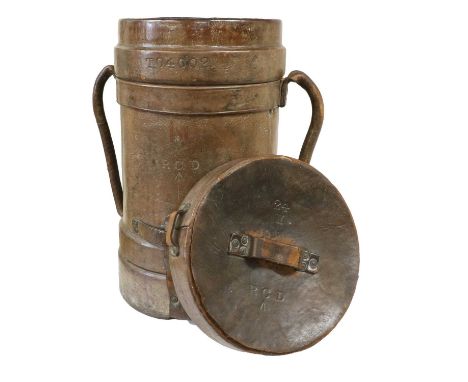 A Late 19th Century Leather Twin-Handled Shell Carrier, the lift-off cover stamped 24/II R.C.D. over a broad arrow, the inner
