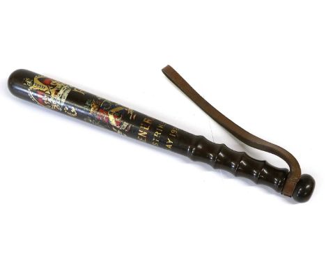 A Bradford Police General Strike May 1926 Truncheon, in mahogany, with colours and gilt transfer decoration of King's crown o