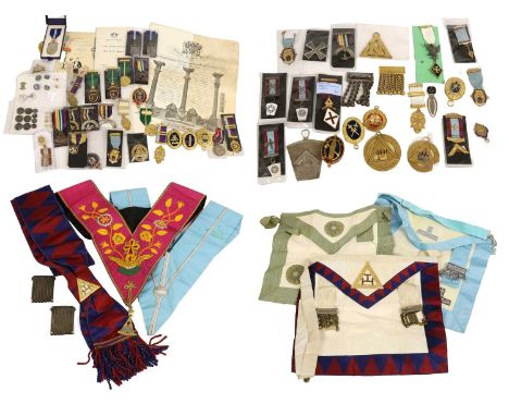 A Collection of Masonic Jewels and Regalia, including silver gilt and enamel Steward's breast jewels, provincial collar jewel
