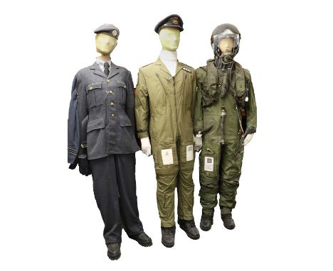 A Post-1953 RAF Fighter Pilot's Uniform, comprising a rubberised flight suit, life preserver, visored helmet and associated s