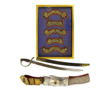 A 19th Century Constabulary Hanger, the 61.5cm broad fullered steel blade double edged for the last 20cm, the brass stirrup h
