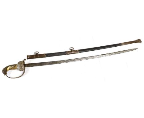 An Imperial German Naval Sword, the 77cm pipe back steel blade faintly etched with a crowned fouled anchor and with early mak