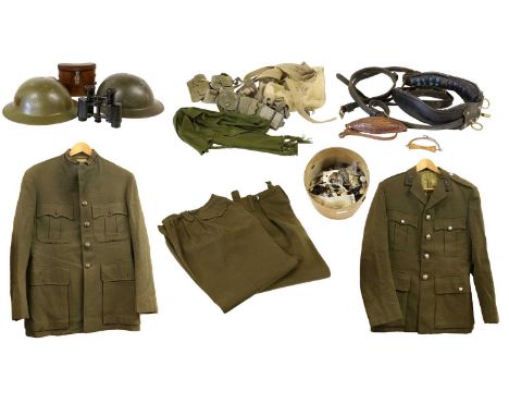 Two Post-Second World War Brodie Helmets, in olive green with leather liners; two Post-1953 Officer's No.2 Dress Uniforms, on