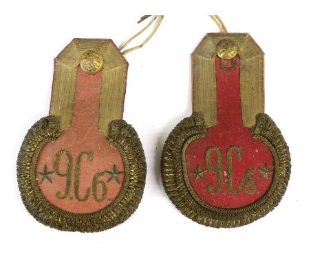 A Pair of Imperial Russian Subaltern Officer's Epaulettes, each embroidered 9C in gilt metal thread, flanked by two applied r
