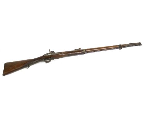 An 1859 Two Band Percussion Rifle, .577 calibre, the 84cm steel barrel with bayonet bar to the right side of the muzzle stamp