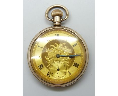 An open face Dennison pocket watch, gold plated case, engraved gilt dial