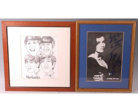 A contemporary pencil sketch of The Beatles, signed Tabs, 24.5 x 20.5cm, together with a signed photograph of Cathy Dennis, i