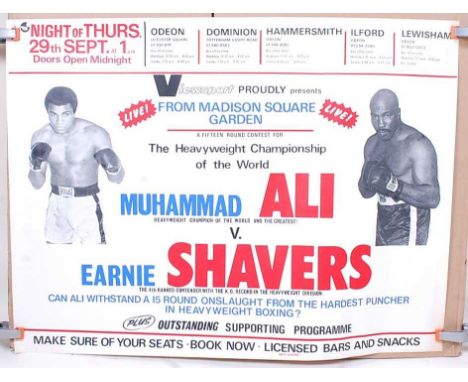 Muhammad Ali v. Earnie Shavers, 1977 boxing match poster, for the live screening of the fight at four London cinemas, UK quad
