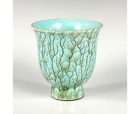 Goblet shaped turquoise toned with lustre finish &amp; branch patterning.Flared rim design. Hand Painted Delft Holland on bot