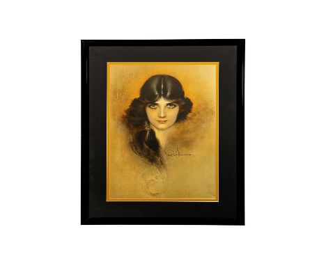 Vintage print of a beautiful and mysterious brown eyed brunette woman. Framed and matted behind glass. Artist: Rolf Armstrong