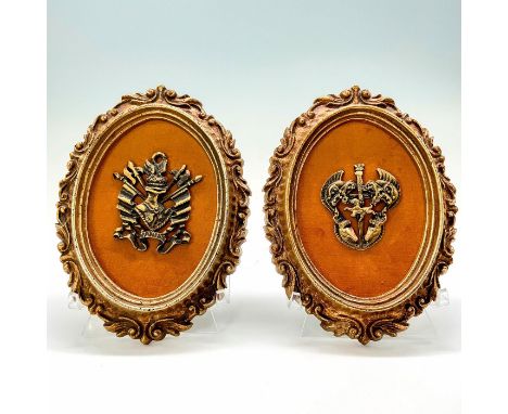 A set of wall hangings with gold-colored borders decorated with emblems on an amber colored background. Burwood Products Comp