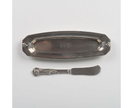 Knife has Gorham stamp and monogrammed tray is marked as sterling silver. Tray is 8"L x 2.75"W. Weight: 110g. Condition: Age 