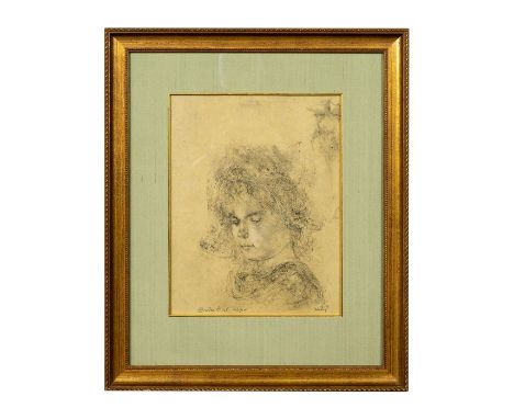 Monochrome lithograph on paper of "Breton Girl" by Edna Hibel. It is a portrait of a young child looking down and wearing a t