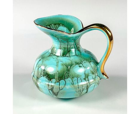 Turquoise toned with lustre finish &amp; branch patterning. With handle. Brass accented rim and handle.Hand Painted Jumbo Gou