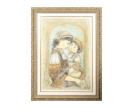 Mother and child of Thera is an outstanding color lithograph by Edna Hibel that depicts a young mother holding a young child 