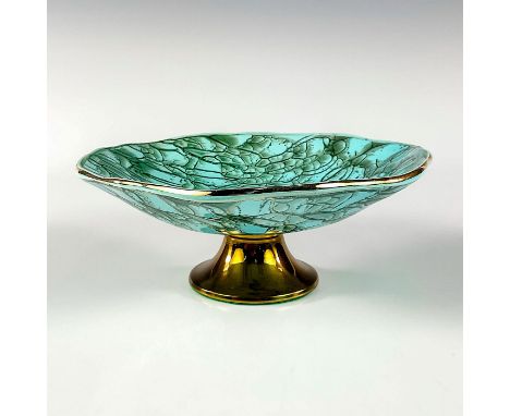 Stunning turquoise toned piece with lustre finish &amp; branch patterning. Brass trim around rim.Gold Delftware sticker on pi