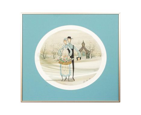 Color lithograph in a tondo shape of a young Amish couple in front of a church on their wedding day. The shadows of the elong
