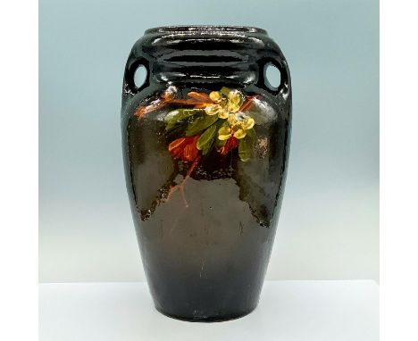 Brown glazed vase with two small handles, hand painted pale yellow flowers to center. Dimensions: 7.5"L x 6.5"W x 12.5"HCondi