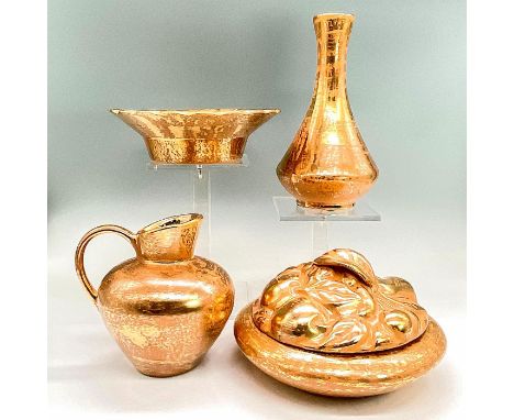 Brushed 22K gold on tan body. Vase 8"H x 4" dia, open dish with scalloped edges, pitcher and covered dish 4"H x 7" dia. Stang