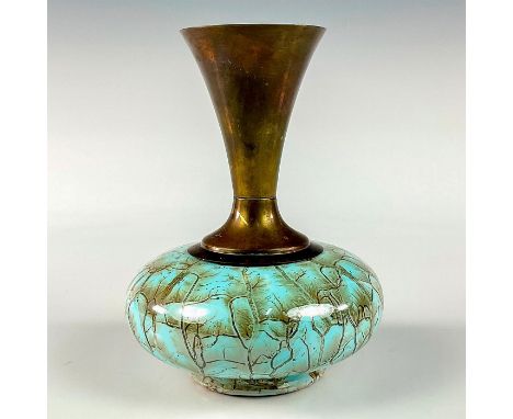 Turquoise toned with lustre finish &amp; branch patterning. Brass upper portion.Hand Painted Delft Holland on bottom of piece