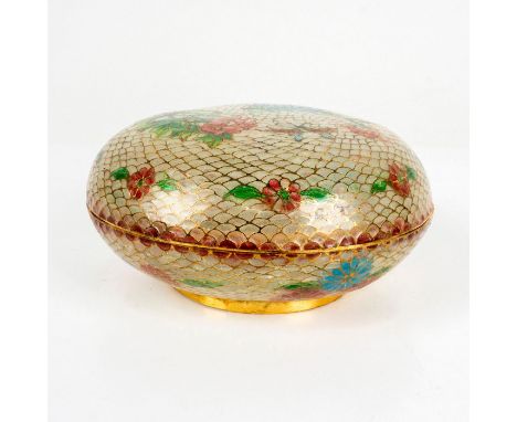 An enamel decorative glass and brass floral covered bowl in red, green, and blue. Dimensions: 5"W x 2.25"HCondition: Age rela
