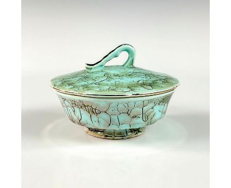 Turquoise with lustre finish and branch patterning. Gold toned lines on candle area.Hand Painted Delft Holland on bottom. Thi