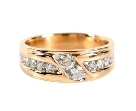 Dashing men's ring with scintillating full cut diamonds, channel set in a classy wide gold band. Stamped 14k.1.00 TWT, 9.25g 