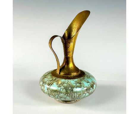 Turquoise toned with lustre finish &amp; branch patterning. Brass accented handle and spout.Flattened and rounded bottom port