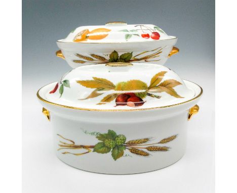 Two covered serving dishes with wheat design on dish, fruit and nut design on lid. Gilding on rim and handles. Royal Worceste